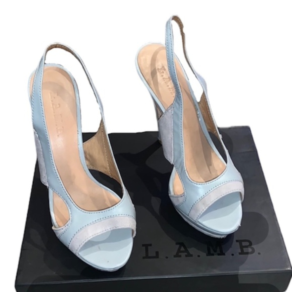 L.A.M.B. Gray and cream heels